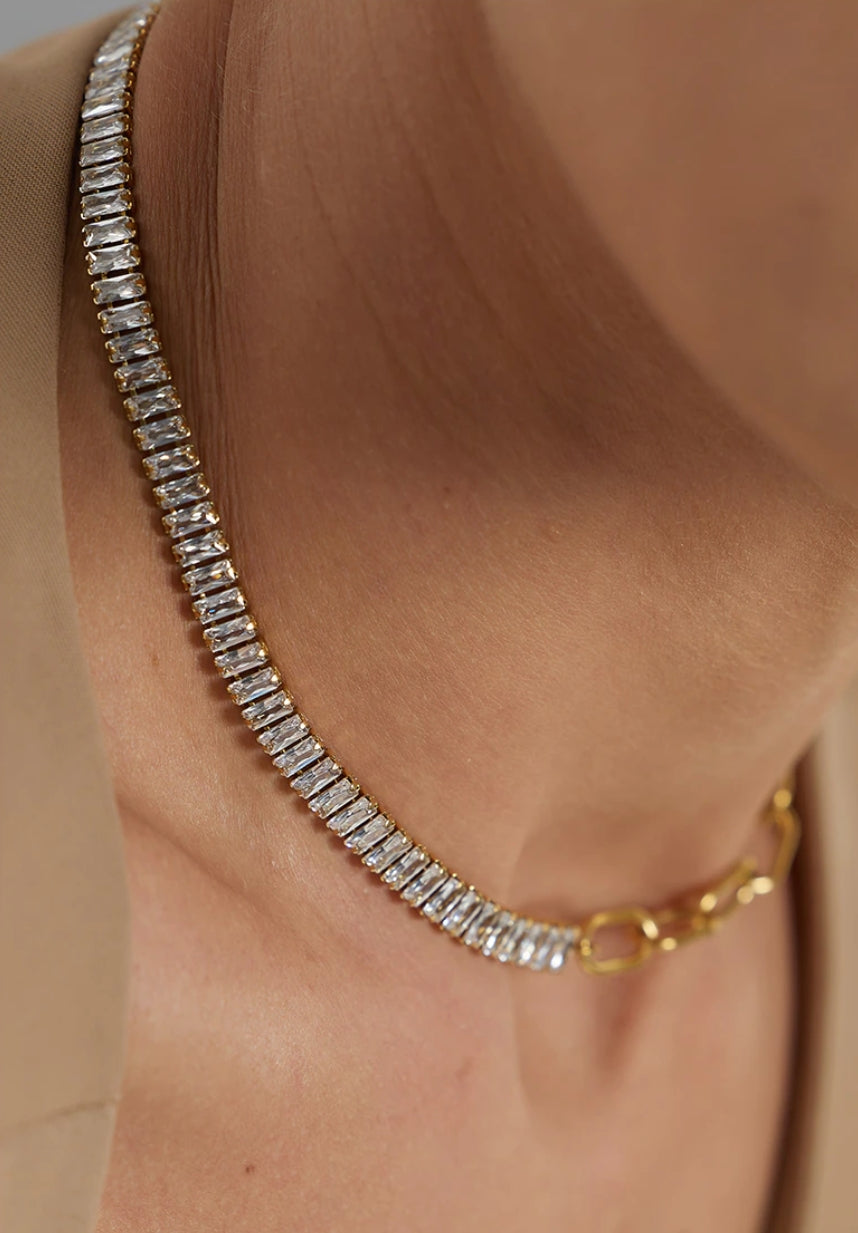 Half Crystal Half Chain Toggle Necklace